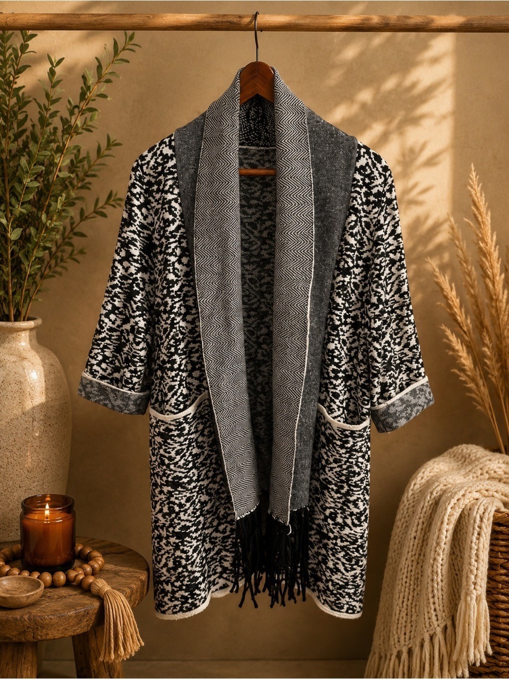 Boho Chic Winter Cardigan • Soft Open Wrap with Fringe Scarf Detail • Size S